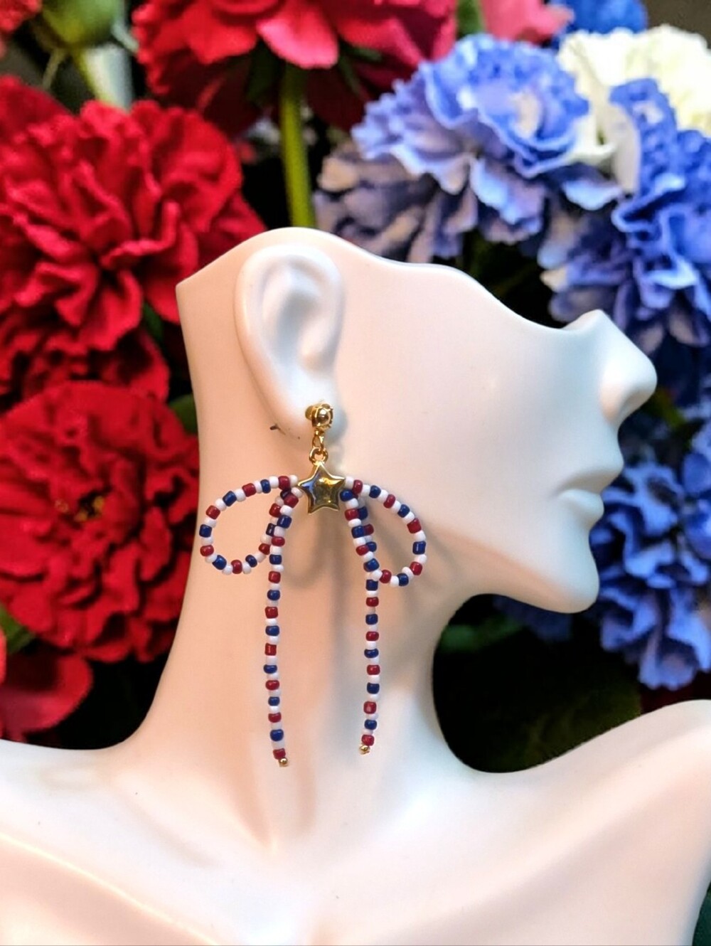 Patriotic Red White & Blue Beaded Bow Drop Earrings with Gold Star Accent